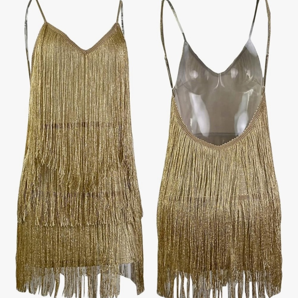 Like New Gold Fringe Low Back Dress, Sz Medium